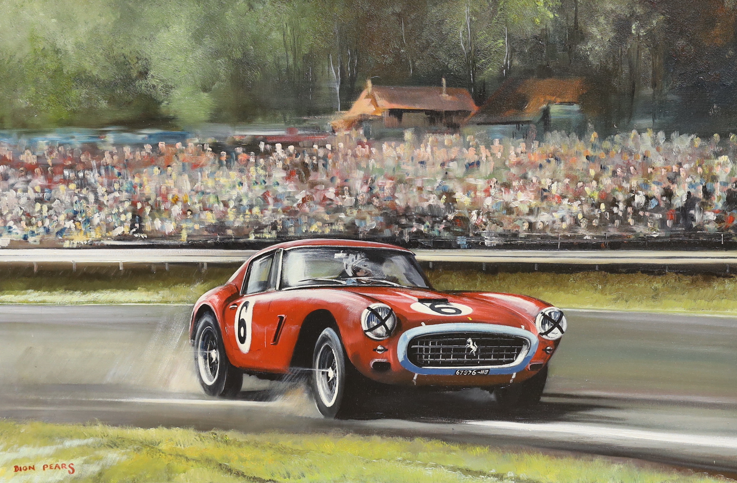 Dion Pears (1929-1985) oil on canvas, 'Ferrari 250 SWB, 1961 Tourist Trophy', signed, inscribed verso, 90 x 60cm